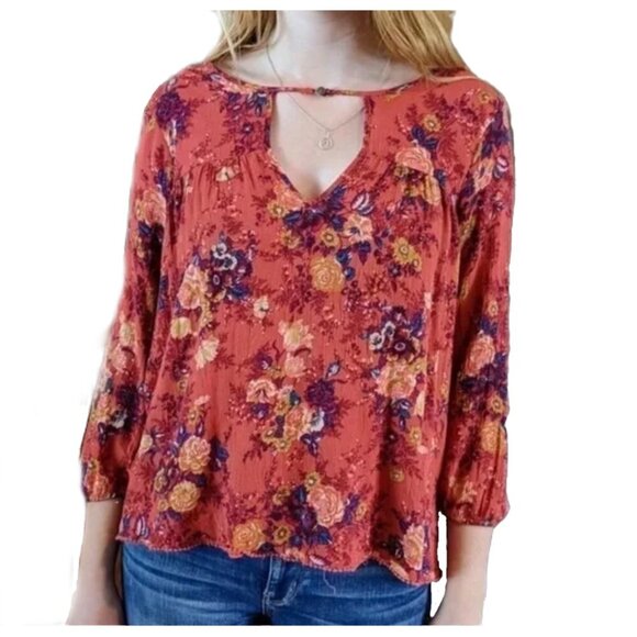 American Eagle Burnt Orange Floral Peasant Blouse - Picture 1 of 5